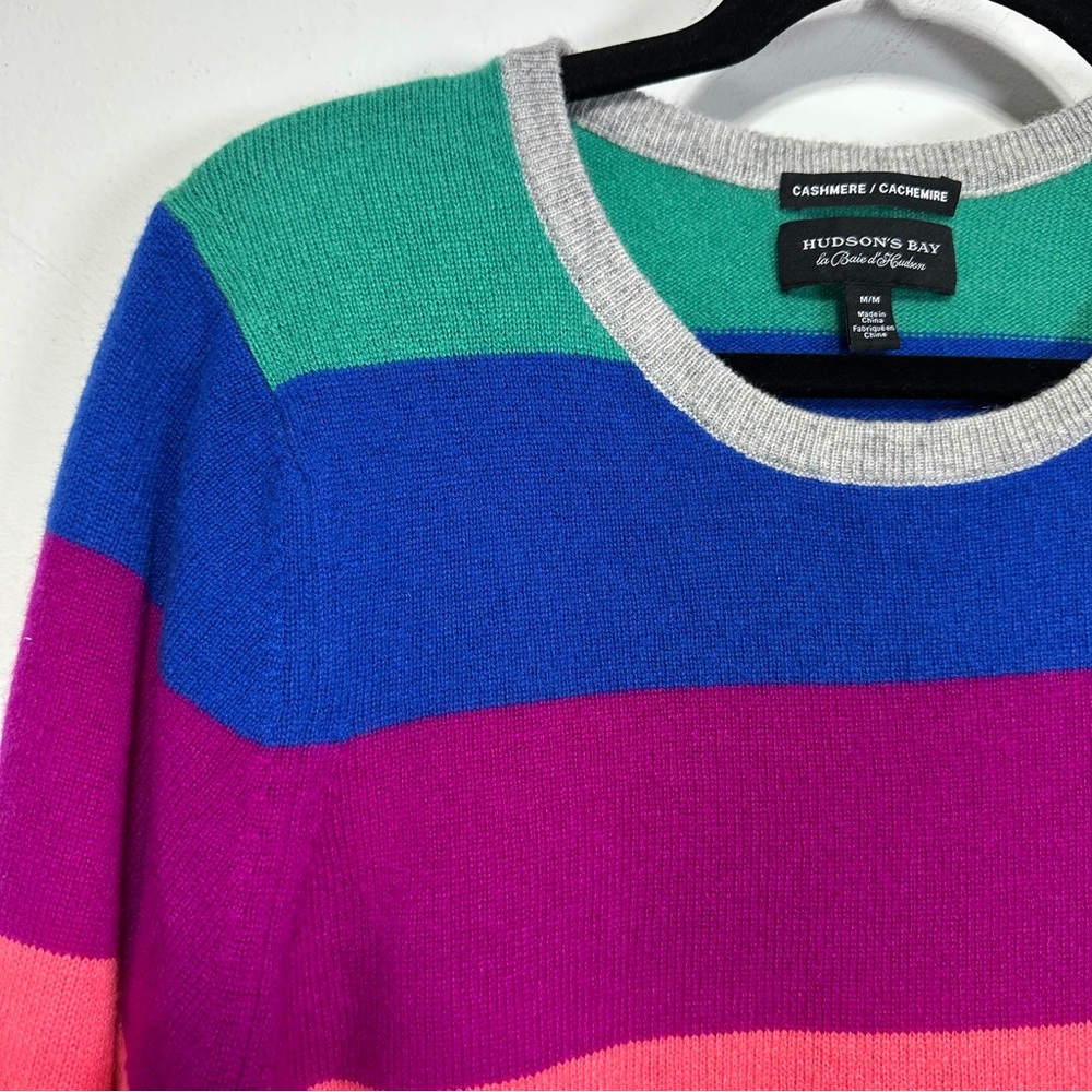 HUDSON'S BAY Multicolor Striped Cashmere Crewneck Sweater Rainbow Stripe Size M - Picture 2 of 8